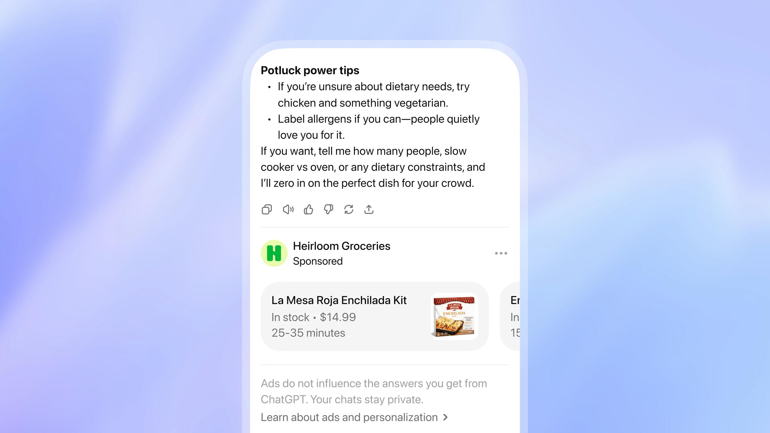 В ChatGPT начала появляться реклама пока что для пользователей из США В OpenAI утверждают что реклама не влияет на ответы ChatGPT а также всегда помечается Кроме того в настройках можно посмотреть историю рекламных объявлений Также можно отключить персонализированную рекламу По умолчанию то что вы обсуждаете с ChatGPT влияет на показанные объявления OpenAI объясняют что введение рекламы необходимо чтобы сохранить бесплатный доступ с адекватными лимитами zavtracast