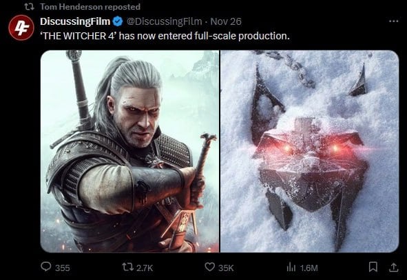 Том Хендерсон поделился новостью о старте производства The Witcher 4 в своем ретвите, указывая на вероятность презентации игры на церемонии The Game Awards.