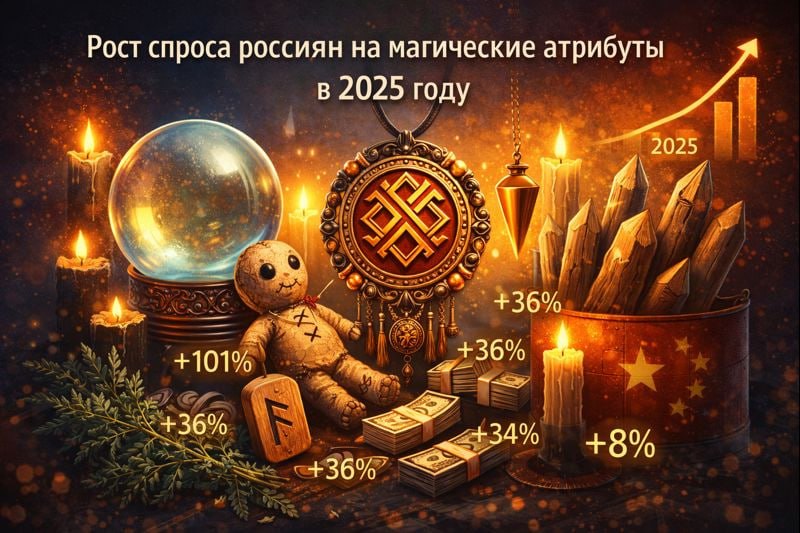 Спрос жителей России на обереги руны и осиновые колья в 2025 году вырос в 2 4 раза относительно 2024 года говорится в исследовании IT компании АТОЛ В целом спрос россиян на магические атрибуты в 2025 году вырос на 50 по сравнению с 2024 годом Наибольшая популярность среди магических атрибутов в 2025 году пришлась на обереги занимающие 36 от общего объема продаж в рассматриваемой выборке Спрос на стеклянные шары увеличился на 101 на кукол вуду на 63 на маятники для биолокации на 34 на черные свечи на 8 на полынь в 2 6 раза Топ Бизнес Подписаться в MAX
