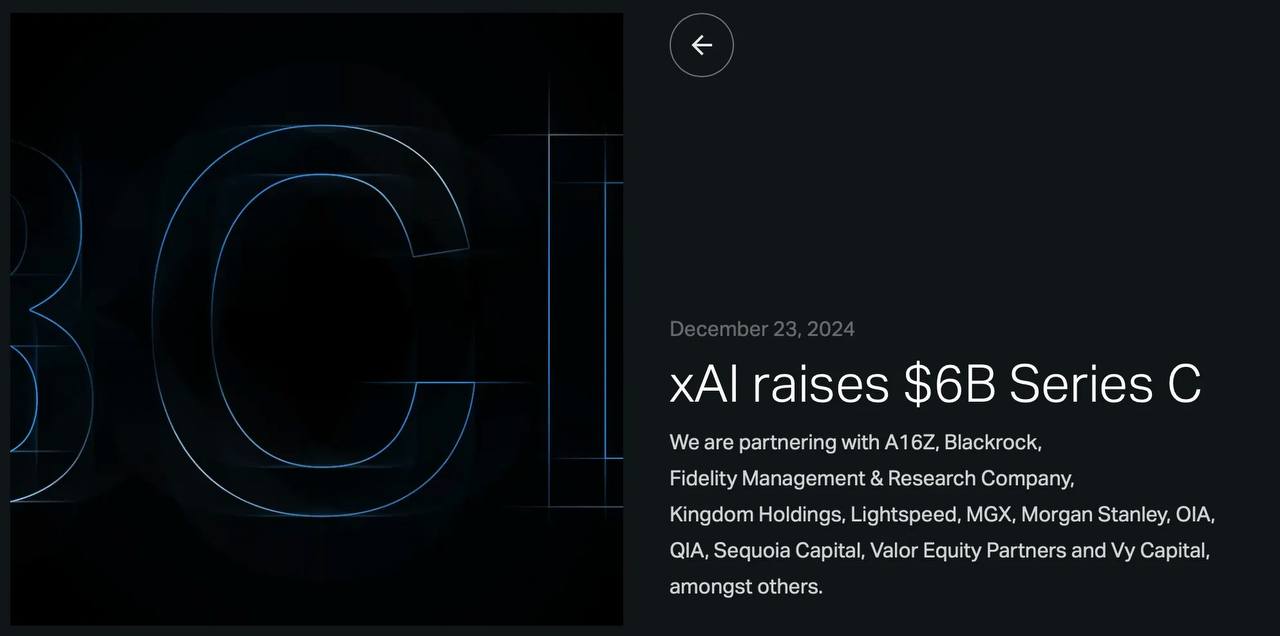 xAI привлекла $6 млрд в рамках раунда финансирования серии C  Инвесторами выступили A16Z, Blackrock, Fidelity Management, Kingdom Holdings, Lightspeed, MGX, Morgan Stanley, OIA, QIA, Sequoia Capital, Valor Equity Partners и Vy Capital, а также NVIDIA и AMD.    PRO AI   ПОЛЕЗНЫЙ СОФТ   НОВОСТИ