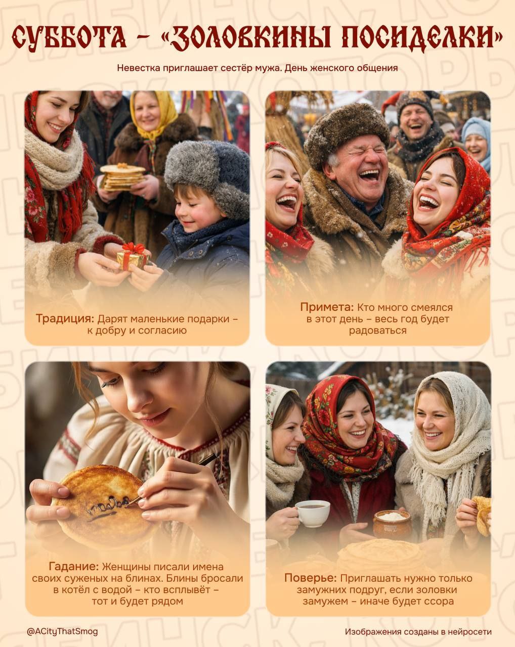 Золовкины посиделки шестой день Масленицы В этот день молодая жена приглашала сестер мужа дарила подарки и щедро угощала Одинокие девушки гадали на суженого и обсуждали возможных женихов замужние беседовали о быте и хозяйстве Если еще не успели посидеть с подругами то сегодня самое время Подписаться Мы в MAX