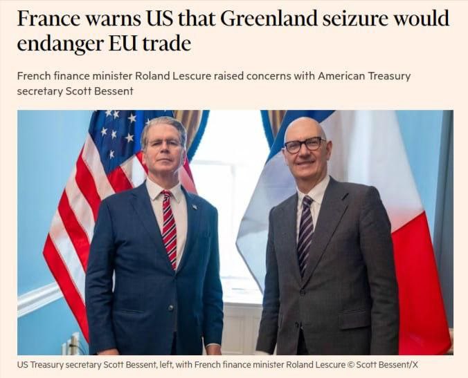 Франция пригрозила США разрывом всех экономических отношений с Европой в случае попытки захватить Гренландию Как сообщает FT об этом французский министр финансов Ролан Лекюр предупредил своего американского коллегу Подчеркнул любой шаг по захвату острова будет равносилен переходу красной линии Лекюр отметил что в Европе глубоко обеспокоены претензиями Трампа на Гренландию