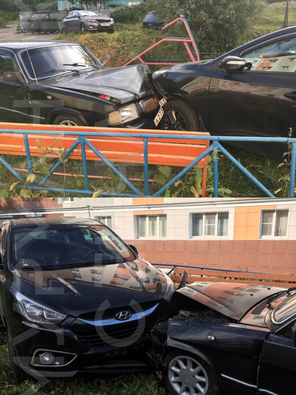 В Мурманске теперь машины с детских площадок выбивают другими машинами   На Героев-Североморцев, 21 в выходные, видимо, кто-то очень жестко покутил. Посреди двора на детской площадке, за забором!, как-то умудрились столкнуться два авто — бабушка-«Волга» и «Хёндай».   Сегодня понедельник, а они так и стоят там все выходные.