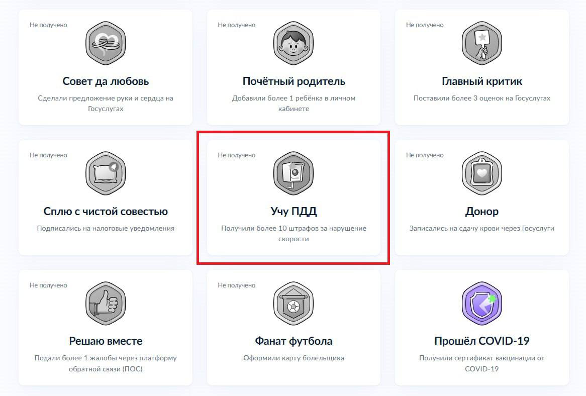На портале «Госуслуги» в честь 15-летия платформы появился раздел с пользовательскими достижениями.   Среди них есть довольно необычные, например, достижение за получение более 10 штрафов за превышение скорости. В список достижений также вошли добавление более одного ребенка в личный кабинет, оформление предложения руки и сердца через «Госуслуги» и запись на сдачу крови.