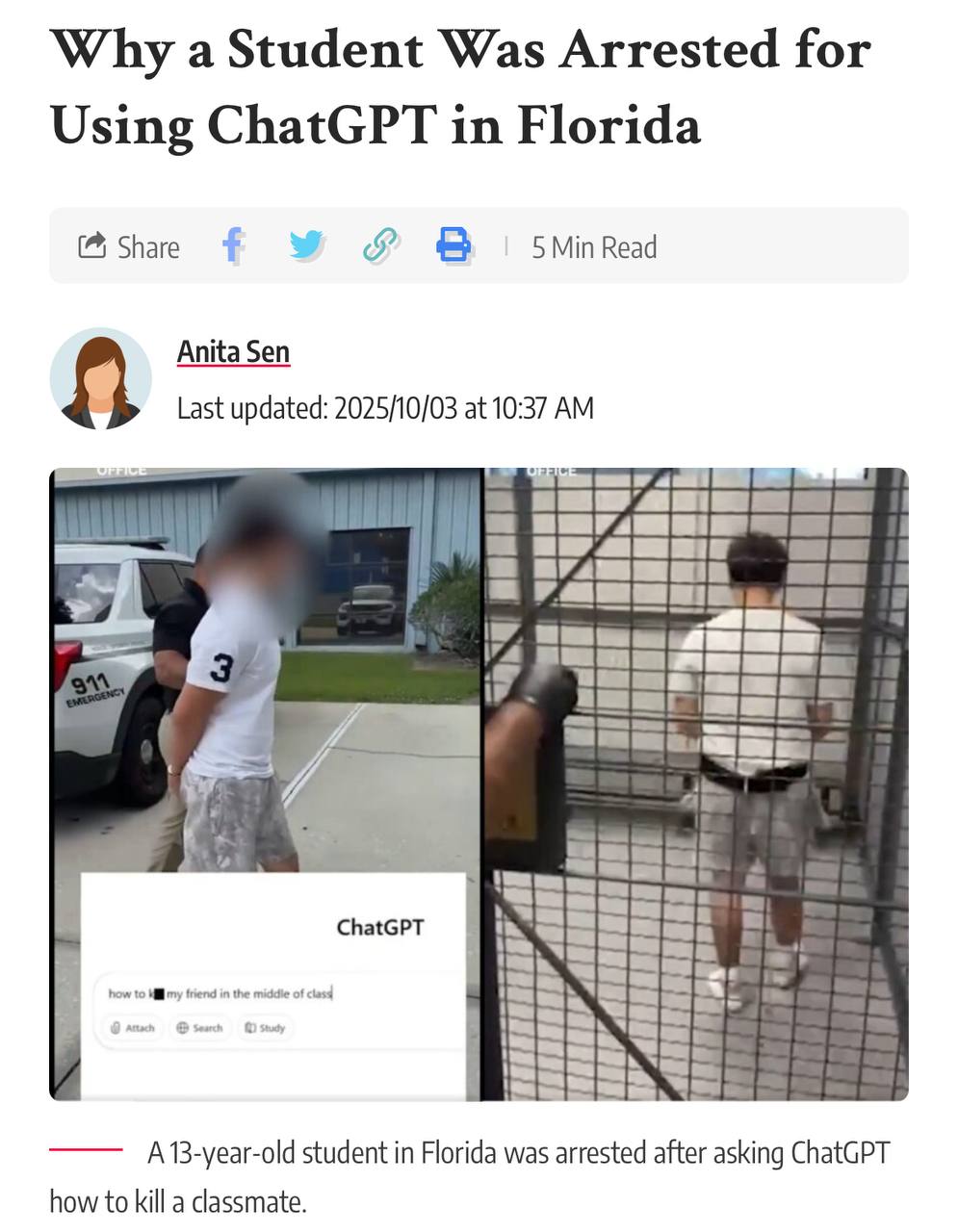 Школьника во Флориде арестовали ЗА ПРОМТ в ChatGPT за пранк над другом 13 летний парень отправился за решетку Он написал в чат как убить своего друга прямо посреди урока чтобы показать корешу и посмеяться но система Gaggle отследила запрос и отправила в школу шерифа школьника арестовали и могут отправить под суд Сел за стендап techmedia