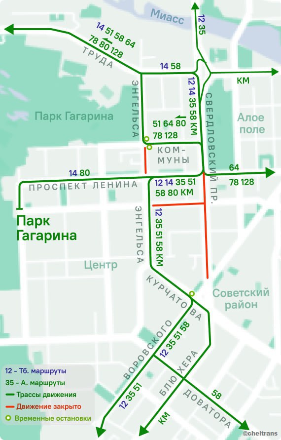 Автобусы и троллейбусы в центре Челябинска изменят маршруты С 22 часов 27 июля до 6 часов утра 4 августа будет закрыто движение транспорта через перекрёсток Свердловского проспекта и Сони Кривой, а также по Энгельса от проспекта Ленина до Коммуны. Работы на тепловых сетях. Автобусы 35, 51, 58, 64, 78, 80, 128, КМ и троллейбусы 12, 14 направим в объезд по проспекту Ленина, Свердловскому проспекту, Коммуны и Труда. Подробнее о схемах движения — по ссылке. Для удобства пассажиров будут обустроены временные остановочные пункты: — в районе дома Курчатова, 24; — в районе дома Коммуны, 127; — в районе дома Энгельса, 51.