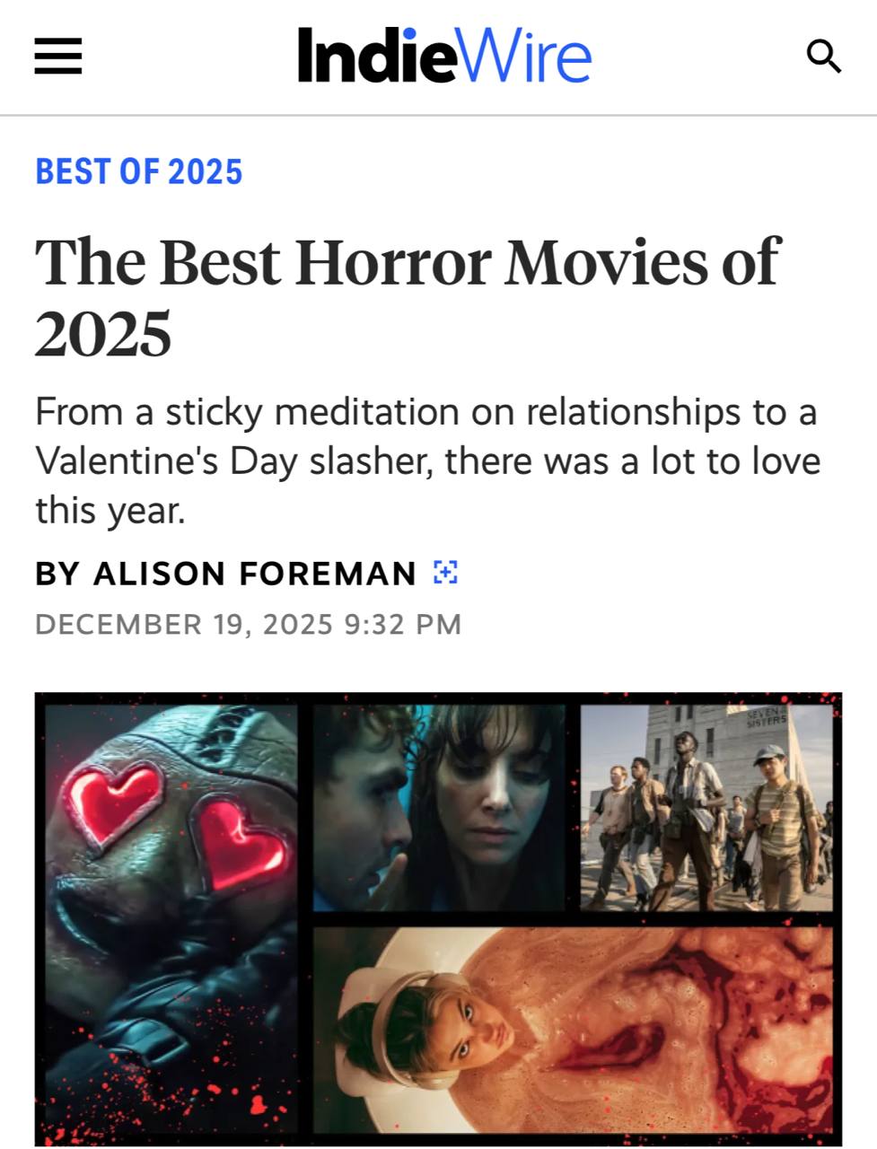 Лучшие хорроры 2025 года авторитетное издание IndieWire выбрало самые страшные фильмы ужасов от больших франшиз до инди хорроров В списке есть и возвращение культовых серий и странные авторские эксперименты за которые жанр до сих пор любят Топ 10 хорроров 2025 года 1 Орудия 2 Грешники 3 Пункт назначения Кровные узы 4 28 лет спустя 5 Долгая прогулка 6 Уродливая сводная сестра 7 Влюбленные глаза 8 Вместе 9 Тихая ночь смертельная ночь 10 Я знаю что вы сделали прошлым летом Идеальный список чтобы пощекотать нервишки на каникулах Илон Маск