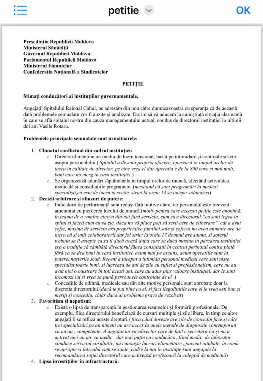 Врачи Кагульской районной больницы направили обращение руководству страны и Минздраву с жалобой на деструктивные и незаконные действия.   Об этом написал Ион Кику в Facebook.