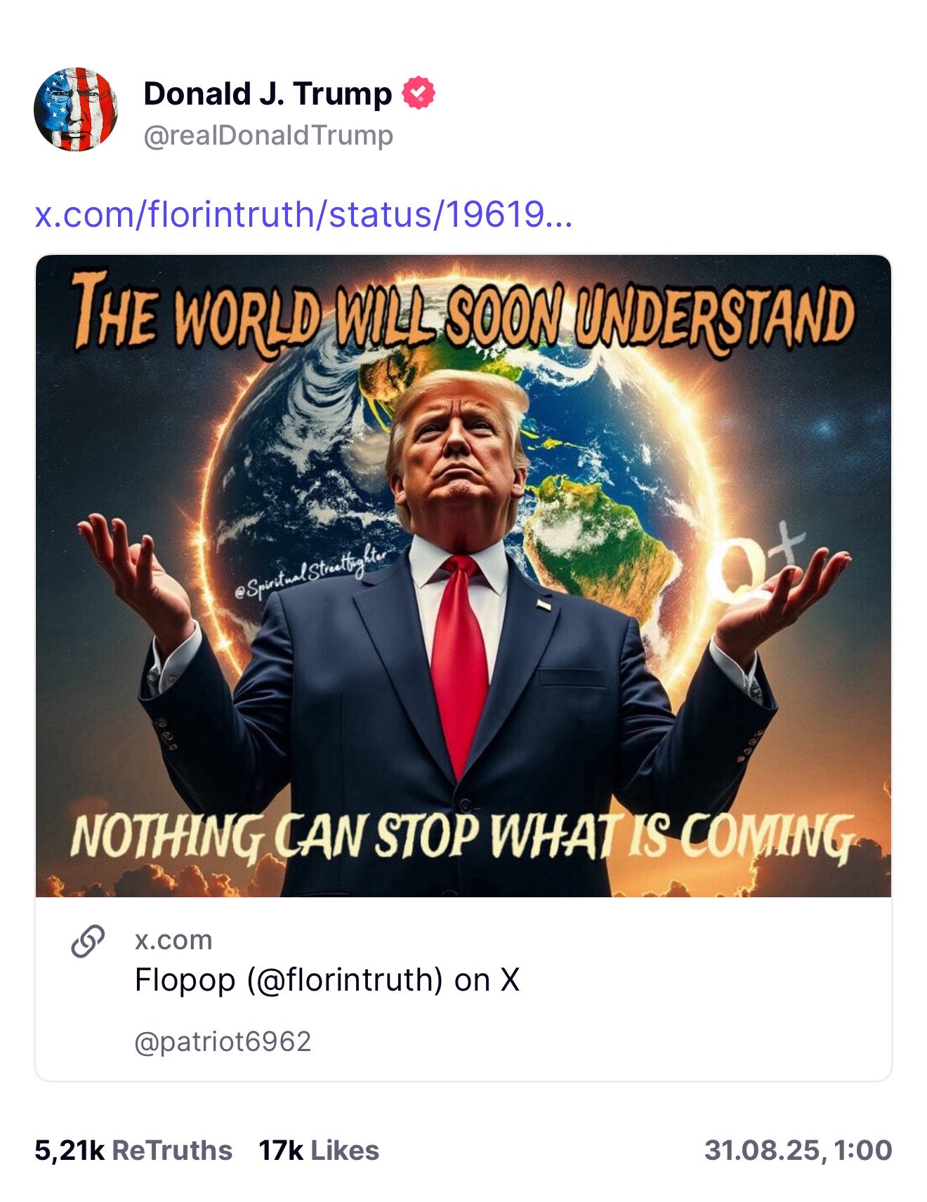 Трамп выложил мем на котором он стоит на фоне Земли с надписью Мир скоро поймет Ничто не сможет остановить то что грядет economylive