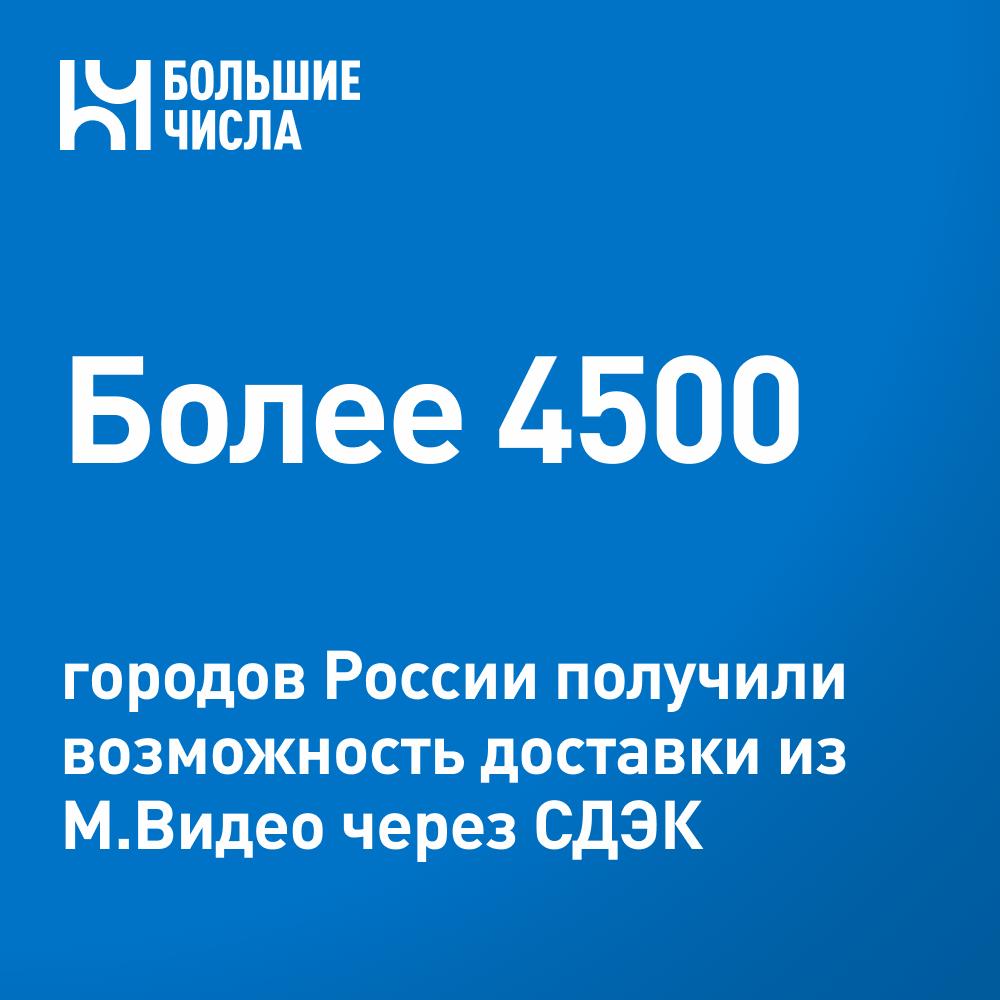 М.Видео начала доставку товаров через СДЭК в более чем 4500 городов России Благодаря интеграции с логистической платформой СДЭК М.Видео, ведущая российская компания в сфере электронной коммерции и розничной торговли электроникой и бытовой техникой, расширяет географию доставки. В рамках пилотного проекта покупатели получили возможность доставки в более чем 5500 пунктов выдачи и свыше 2800 постаматов в 4567 городах. Потенциальная аудитория проекта приближается к отметке в 100 млн человек. Оформить получение доставки через СДЭК можно через сайт или приложение бренда «М.Видео». Сервис включает доставку широкого ассортимента товаров, включая телевизоры, холодильники, стиральные машины и другую бытовую технику и электронику, размеры которой могут достигать 150 150 150 см.