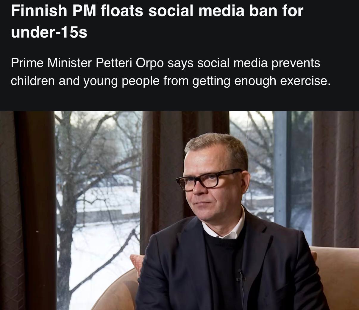 Премьер министр Финляндии выступил с инициативой ограничить доступ к социальным сетям для подростков младше 15 лет сообщает Yle Я крайне серьезно отношусь к вопросу о запрете использования социальных сетей среди молодежи до 15 лет Время проведенное перед экранами непосредственно сказывается на уровне физической активности и занятиях спортом у молодежи сказал Петтери Орпо