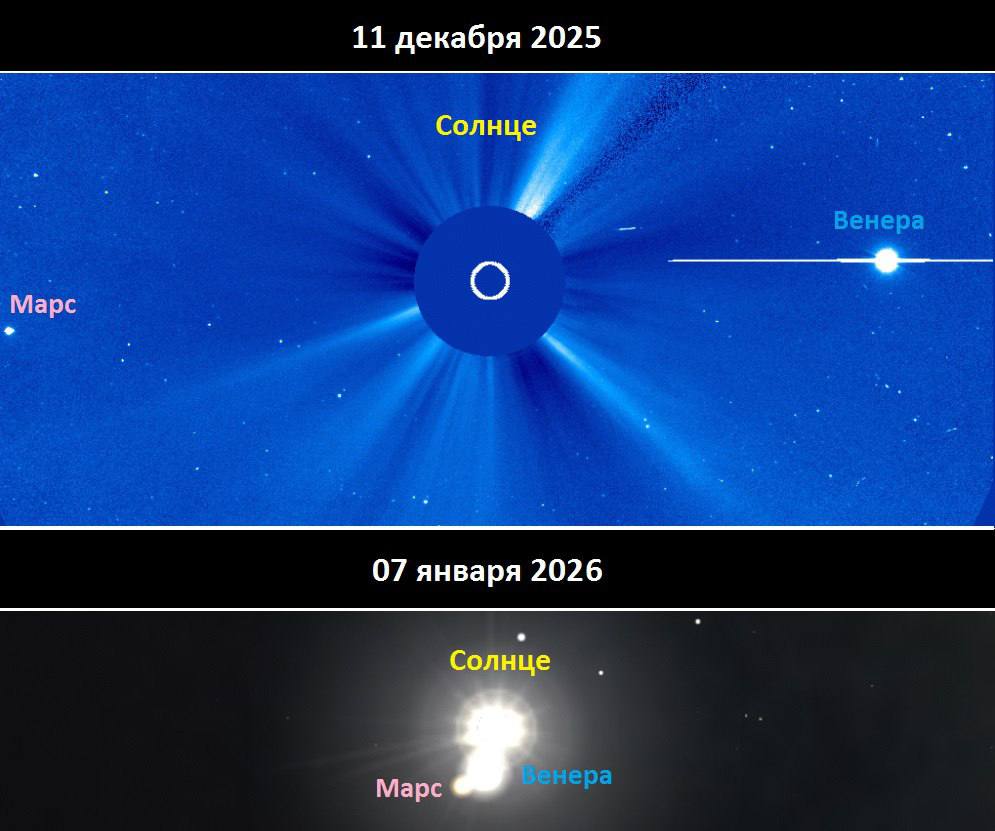 Немного небесной романтики в ленту с 6 по 8 января Венера и Марс окажутся очень близко к Солнцу В декабре космические телескопы уже зафиксировали движение обеих планет навстречу друг другу Такое сближение крайне редкое событие следующий раз придётся ждать более 200 лет в 2267 году Соединение будет происходить на дневном небе рядом с Солнцем и увидеть его напрямую будет сложно Но даже само осознание того что Венера и Марс одновременно встретятся с нашей звездой впечатляет Астрономы называют это редкое явление Вифлеемской звездой Максимум сближения ожидается 7 января 2026 года Подписаться на Москва 24 Наши каналы Новости в MAX