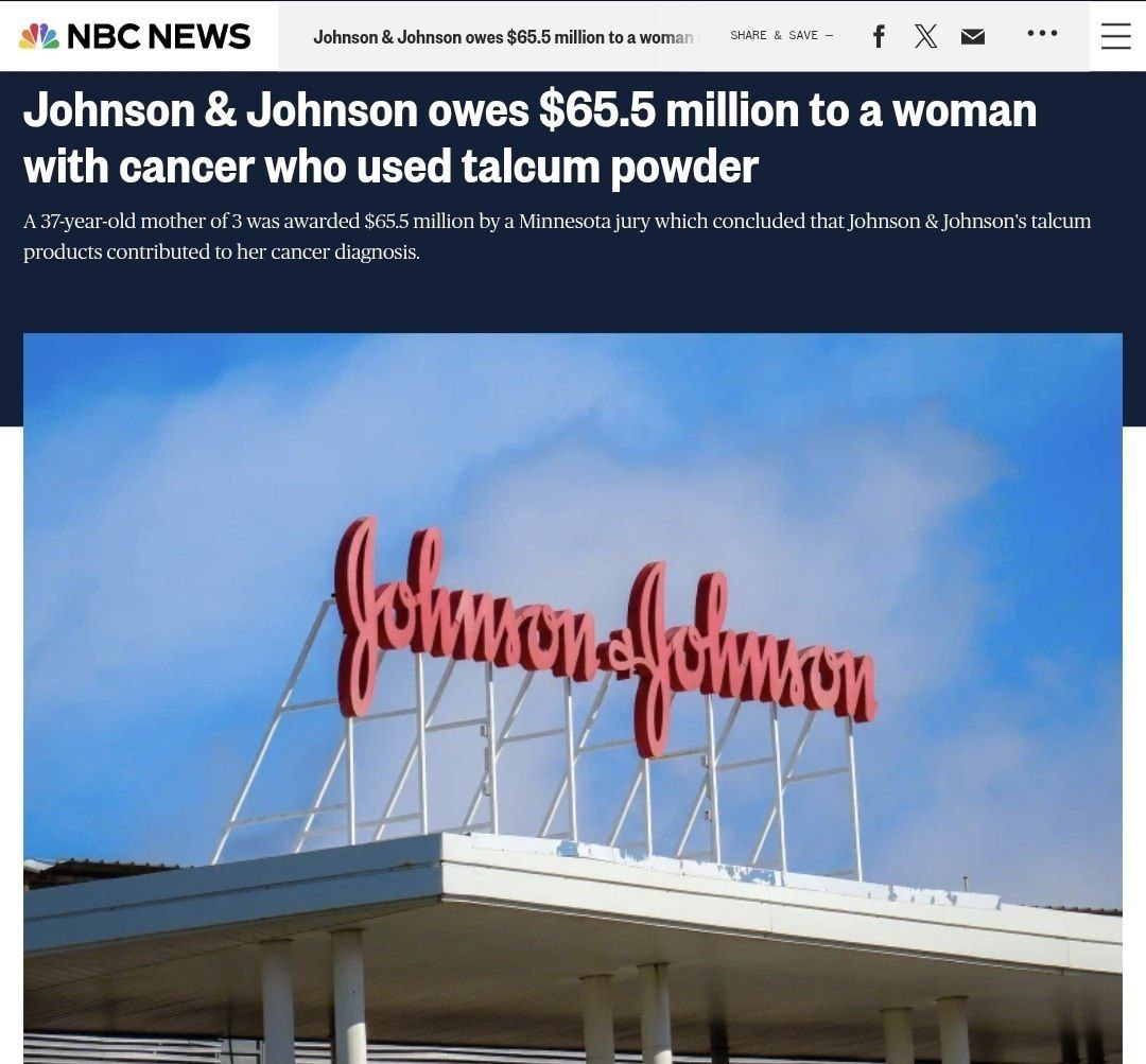Johnson Johnson обязали выплатить 65 5 млн женщине с онкологией NBC News Суд присяжных в штате Миннесота признал компанию ответственной за заболевание истца Женщина заявила что использование детской присыпки с тальком привело к развитию у неё мезотелиомы онкологического заболевания НАШИ РЕСУРСЫ Telegram Tik tok YouTube RUTUBE