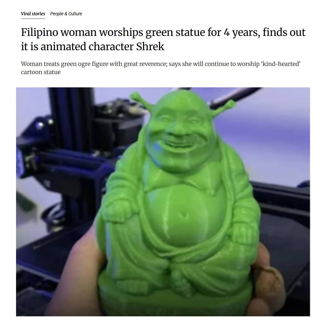 Женщина 4 года поклонялась ШРЕКУ мультяшного великана спутали с фигуркой бога Жительница Филиппин купила в сувенирной лавке зелёную статуэтку Хотэя божества счастья и веселья Она ежедневно молилась изваянию пока ей не сказали что это огр из мультика Мы не готовы к шрекианству