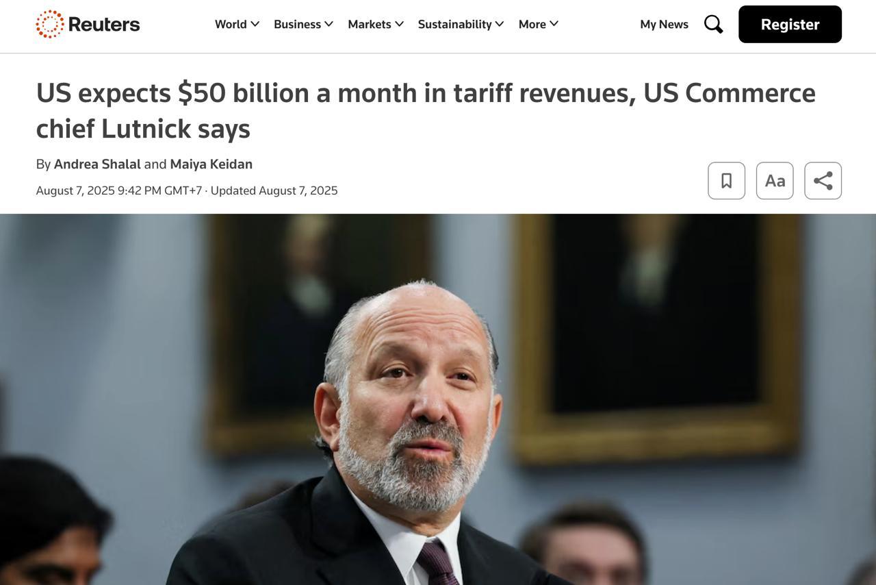 США рассчитывают получать по $50 млрд с новых тарифов в месяц  В прошлом месяце США уже заработали более $30 млрд с тарифов, введенных Трампом. При этом в четверг пошлины были увеличены, поэтому теперь Штаты ожидают до $50 млрд доходов в месяц. Об этом заявил министр торговли США Говард Лютник.  С 7 августа Трамп ввел новые тарифы против десятка стран. Самые высокие — для Сирии  41% , Мьянмы  40% , Швейцарии  39% .  Reuters