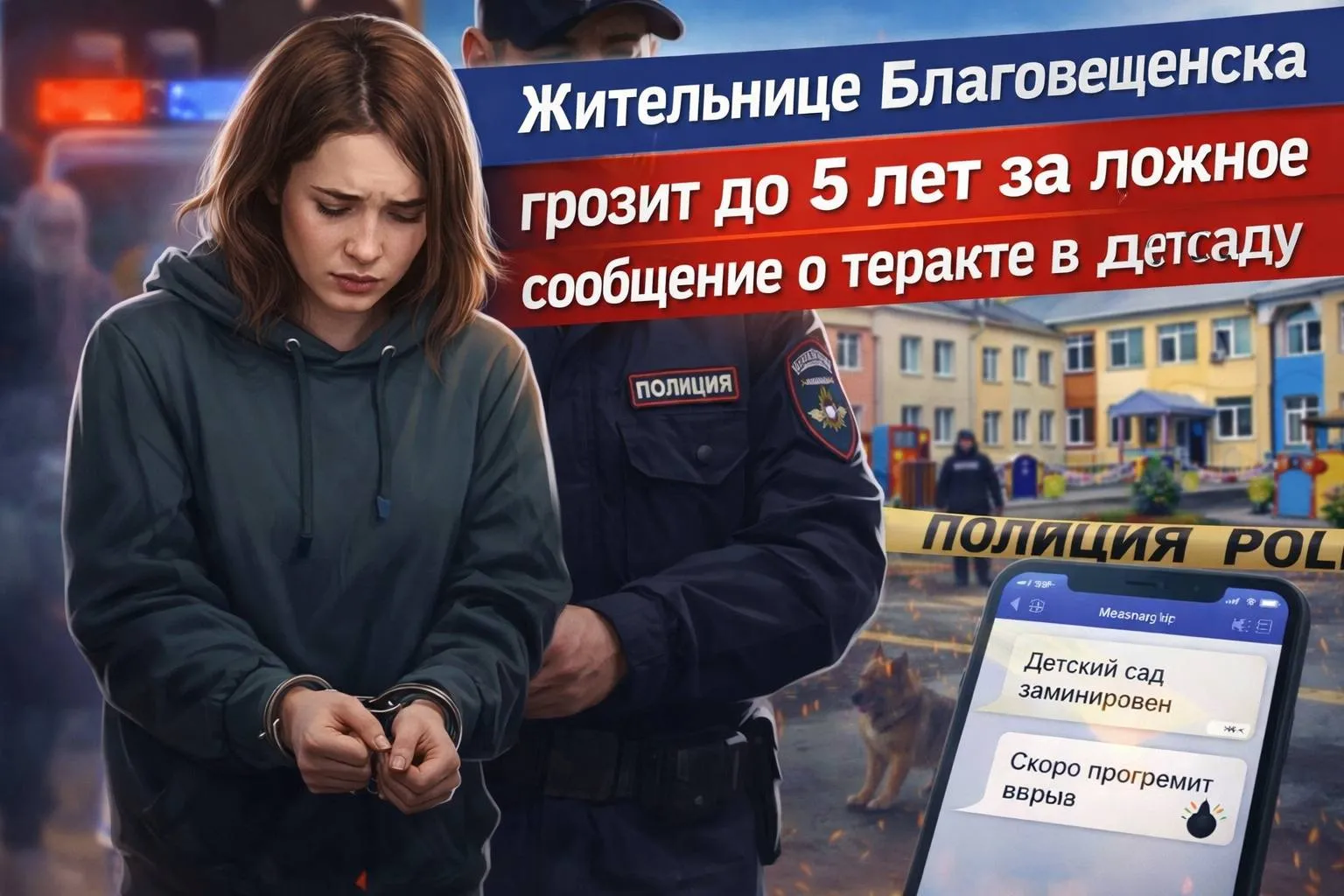 Жительнице Благовещенска грозит до 5 лет за ложное сообщение о теракте в детсаду 23 летнюю жительницу амурской столицы привлекут к уголовной ответственности за сообщение о якобы готовящемся взрыве в одном из детских садов По данным регионального УМВД женщина отправила сотруднику дошкольного учреждения два сообщения в мессенджере с информацией о минировании Сведения сразу передали в экстренные службы На место прибыли полиция и медики Детей и персонал оперативно эвакуировали здание и прилегающую территорию обследовали с участием кинолога Опасных предметов обнаружено не было Личность отправительницы установили в кратчайшие сроки при взаимодействии с УФСБ Уже на следующий день она призналась в содеянном Мотивы её поступка не уточняются В полиции напоминают что заведомо ложные сообщения о терактах квалифицируются как тяжкое преступление и влекут серьёзную уголовную ответственность вплоть до лишения свободы на срок до пяти лет ПОДПИСЫВАЙТЕСЬ НА НАС В ПРОЧИХ СОЦИАЛЬНЫХ СЕТЯХ ЧТОБЫ НЕ ПОТЕРЯТЬСЯ МАХ ВК Telegram Оk