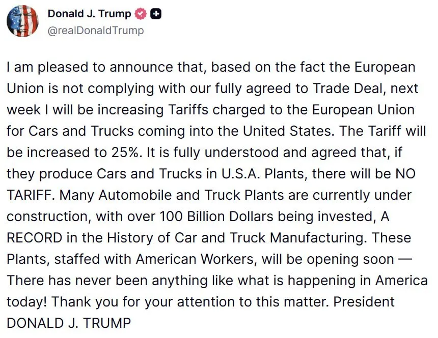 Трамп анонсировал повышение пошлин на легковые автомобили и грузовики из Евросоюза до 25 Тарифы начнут действовать на следующей неделе Американский лидер подчеркнул что пошлин не будет если европейцы будут производить машины на заводах в США   Telegram MAX Читать эксклюзив