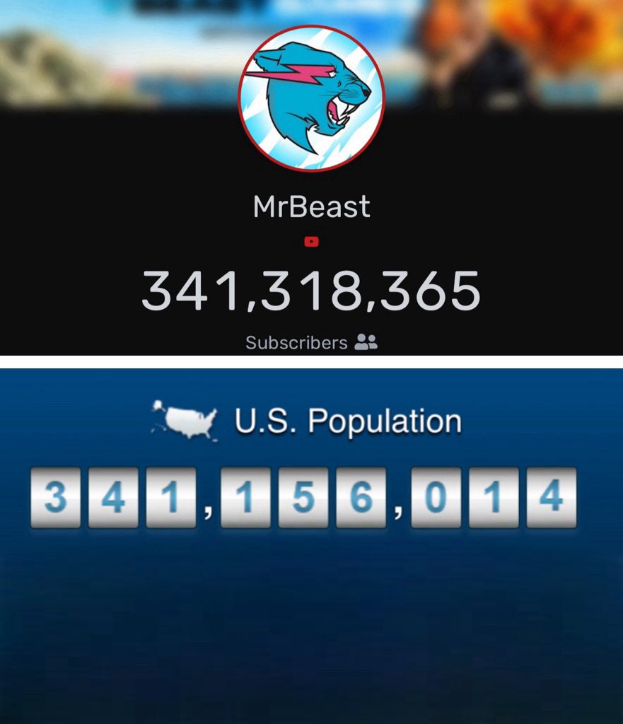 У блогера MrBeast теперь подписчиков больше, чем людей в США.  •  : 341,3 млн • Население США: 341,1 млн  Осталось дождаться его выдвижения в президенты.