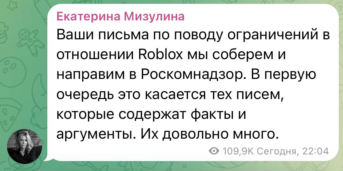 Мизулина попросит Роскомнадзор разблокировать Roblox Она соберёт тысячи писем фанатов игры и отправит их чтобы убедить ведомство снять бан Казань на Максималках