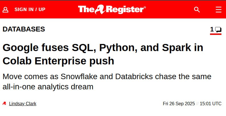 Кажется Google готовится объединить SQL Python и Spark в рамках Colab Enterprise По слухам поисковый гигант намерен создать единую среду для специалистов по машинному обучению объединив SQL Python и Apache Spark в одном месте Ясмин Ахмад управляющий директор Google Cloud по обработке данных отметил что главным препятствием для эффективности в ML является необходимость переключаться между средами получать данные с помощью SQL в базах данных и хранилищах затем экспортировать их загружать в блокнот и настраивать отдельный кластер Spark Как вы понимаете это крайне неудобно Поэтому Google представляет ряд улучшений для своих блокнотов Colab Enterprise в BigQuery и на платформе Vertex AI Кроме того компания анонсировала следующие преимущества для разработчиков в блокнотах Colab Enterprise Предварительный просмотр собственных ячеек SQL Интеграцию собственного Data Science Agent призванного помогать в анализе и разработке моделей