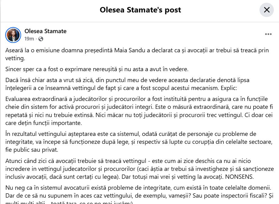 Стамате о предложении Санду Веттинг для адвокатов нонсенс Олеся Стамате прокомментировала слова президента Санду о том что адвокаты тоже должны проходить веттинг По её мнению это либо неудачная формулировка либо непонимание сути процедуры которая предназначена только для ключевых судей и прокуроров Стамате подчеркнула что веттинг не может распространяться на все профессии и предложила адвокатам заранее обсудить законопроект об адвокатуре для повышения прозрачности и добросовестности Подписаться