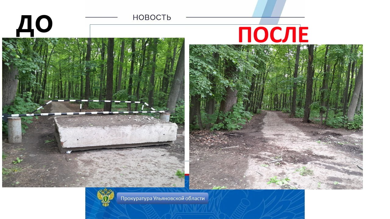 Благодаря вмешательству прокуратуры Ульяновского района восстановлен доступ к лесному массиву и реке Волга Прокуратура Ульяновского района Ульяновской области провела проверку исполнения лесного и земельного законодательства. Установлено, что на одном из предназначенных для размещения пожарного проезда земельных участков было возведено металлическое ограждение, а также установлены бетонные блоки, препятствующие въезду в лесной массив и доступу к реке Волга в поселке Сланцевый Рудник. Однако данное нарушение осталось без внимания администрации района, должностные лица которого ненадлежаще осуществляли муниципальный земельный контроль, что явилось основанием для внесения представления об устранении нарушений закона. В результате прокурорского вмешательства шлагбаум и блоки демонтированы, доступ к реке, лесному массиву и пожарному проезду восстановлен.