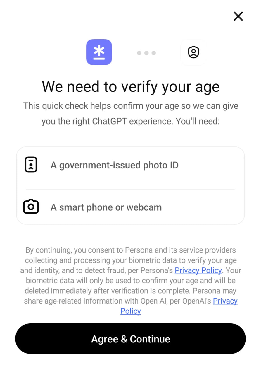 ChatGPT начал запрашивать документы для верификации у части пользователей Работает это так если нейронка считает что ваши диалоги с ней детские то она запросит прохождение верификации на камеру А если её не пройти ваш аккаунт будет заблокирован через 2 месяца