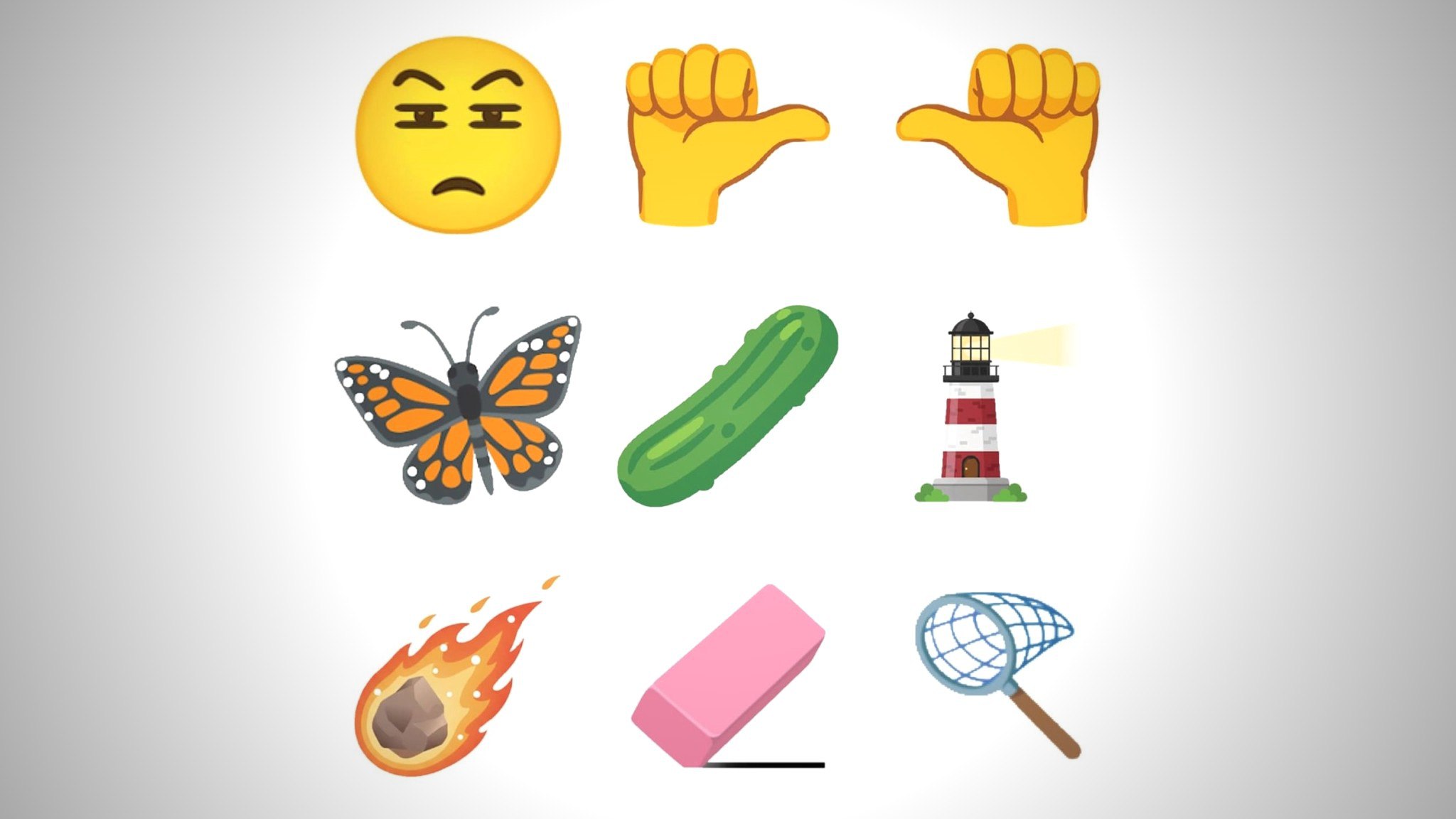 Прищуренное лицо огурец и метеор такие эмодзи скоро добавят в iOS Android и другие операционки Список также пополнят большие пальцы влево и вправо бабочка монарх маяк ластик и сачок Изображения уже утверждены консорциумом Unicode а их релиз ожидается к осени 2026