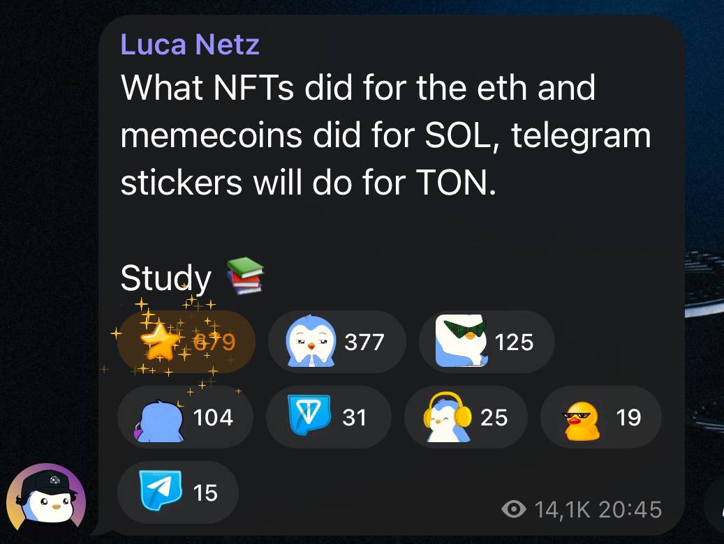 То, что NFT сделали для eth, а мемкоины — для SOL, стикеры Telegram сделают для TON.