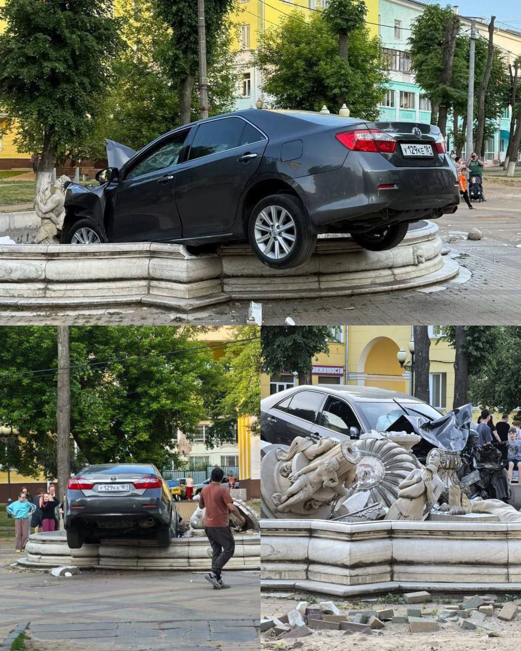 Автомобиль протаранил фонтан в Ступино. Водитель Toyota, по всей видимости, не справился с управлением и въехал в городской фонтан.