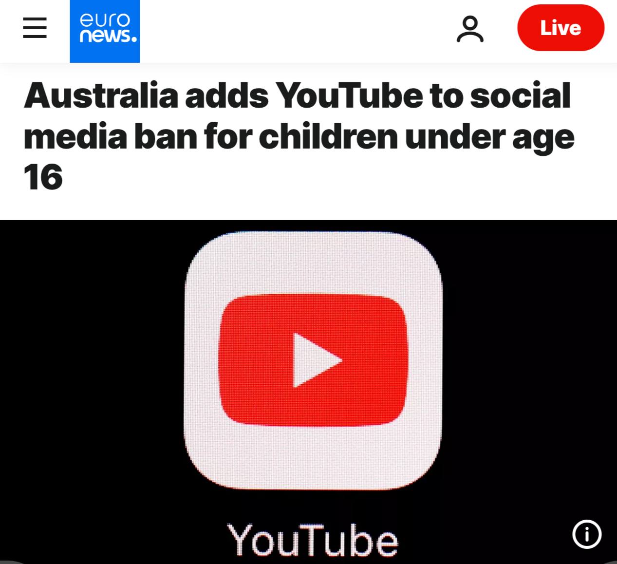 Австралия ограничивает доступ к YouTube детям младше 16 лет — пора жестче регулировать соцсети и ИИ-контент Впервые в истории YouTube официально признан платформой, небезопасной для детей: Австралия включила видеохостинг в список соцсетей, запрещённых для пользователей младше 16 лет. Решение стало ответом на тревожные данные национального интернет-регулятора: 37% несовершеннолетних сталкивались на YouTube с вредоносным контентом — это худший показатель среди всех цифровых платформ. Премьер-министр Энтони Албанезе призвал родителей соблюдать запрет, который вступит в силу уже в декабре. По статистике самого YouTube, платформой сегодня пользуются почти 75% подростков в возрасте от 13 до 15 лет — и большая часть из них фактически незащищена от токсичных, агрессивных и манипулятивных видеопотоков. Этот шаг Австралии — важный прецедент. Он подчеркивает необходимость более жесткого и системного регулирования социальных сетей, платформ с ИИ-генерируемым контентом и видеохостингов. Одна лишь вера в алгоритмы модерации больше не работает — нужен чёткий контроль, возрастная верификация, прозрачная фильтрация и ответственность платформ за то, что они транслируют миллионам пользователей. ПОДПИШИСЬ -