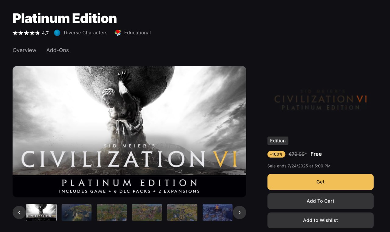Налетаем: Civilization VI со всеми дополнениями бесплатно раздают в Epic Games Store. Обычно за полное издание просят около ₽8000.  До 24 июля забираем по ссылке. Может понадобиться смена региона.