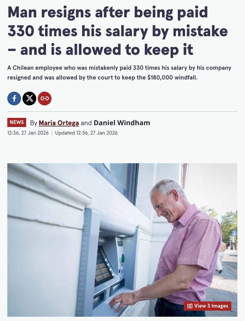 Курьеру выплатили 330 зарплат по ошибке и теперь суд разрешил оставить 180 000 13 млн себе Мужчина сначала сообщил об ошибке но потом уволился и пропал Суд встал на его сторону ведь деньги он не украл а неправомерно присвоил в Чили это не наказывается