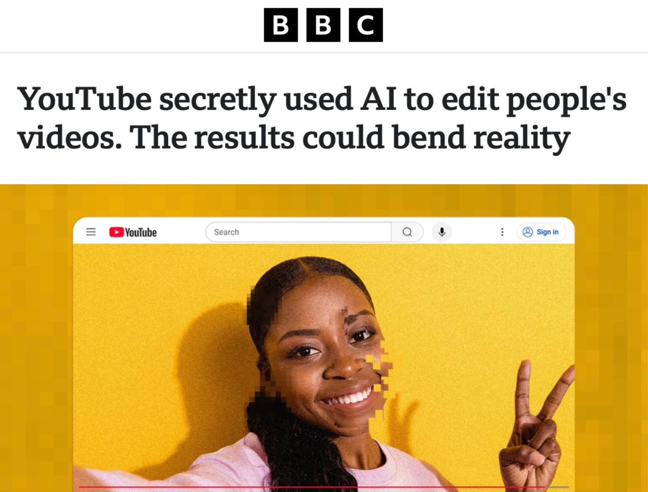 YouTube тайно редактирует видео с помощью нейросетей добавляет мужчинам макияж сглаживает кожу подчёркивает морщины и деформирует уши без согласия авторов Блогеры возмущаются Видео похожи на дипфейки это искажает мою личность и подрывает доверие зрителей После жалоб YouTube признал что использует машинное обучение для улучшения качества лиц