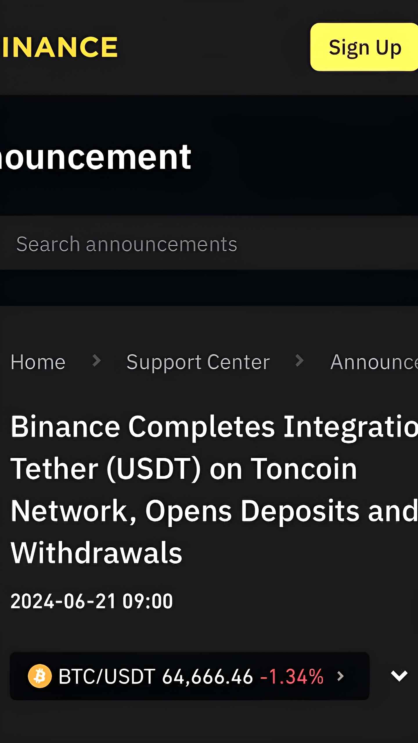 Binance добавили поддержку USDT на блокчейне TON