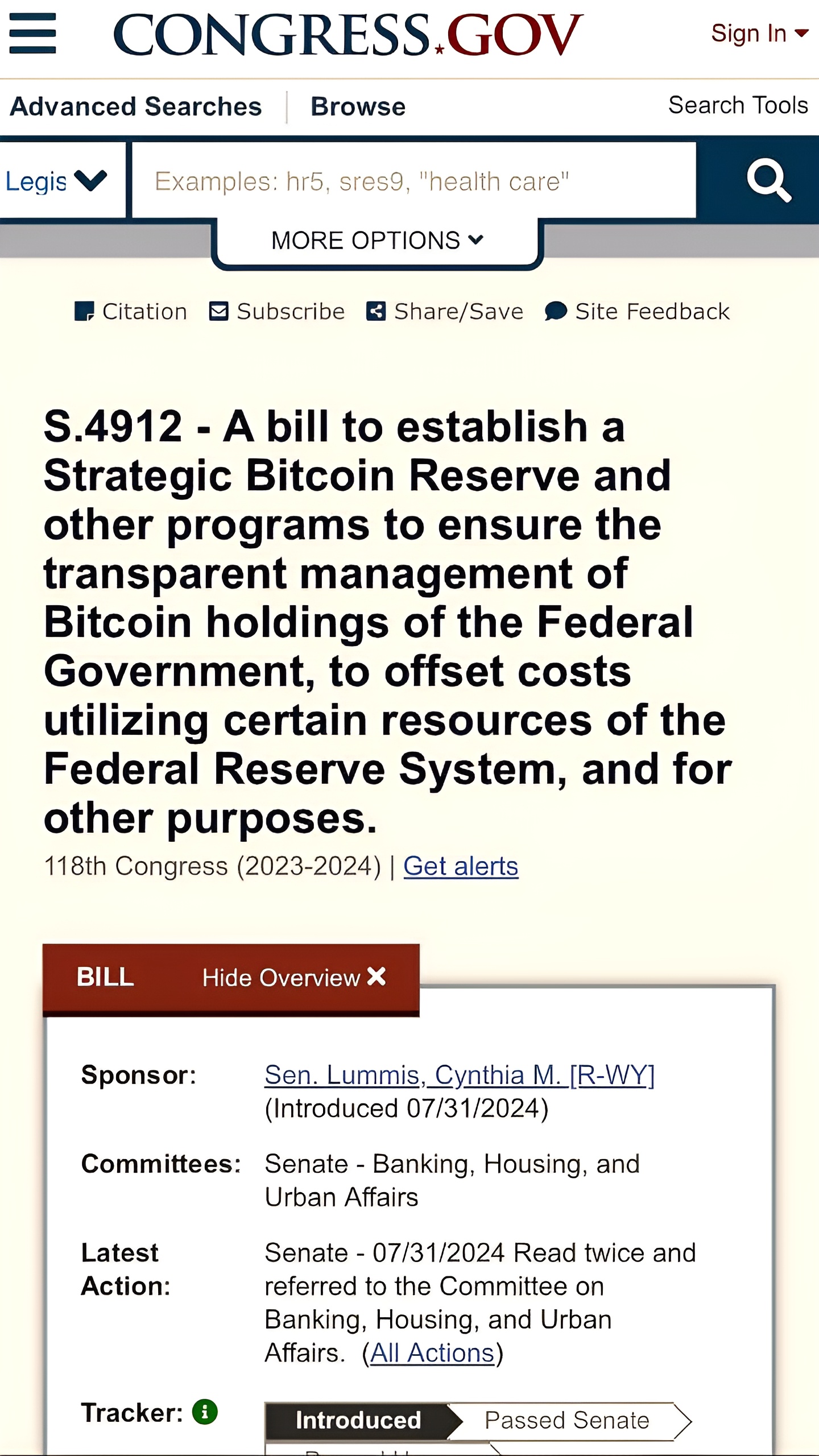 Конгресс США рассматривает законопроект о статусе Bitcoin как стратегического резерва ФРС