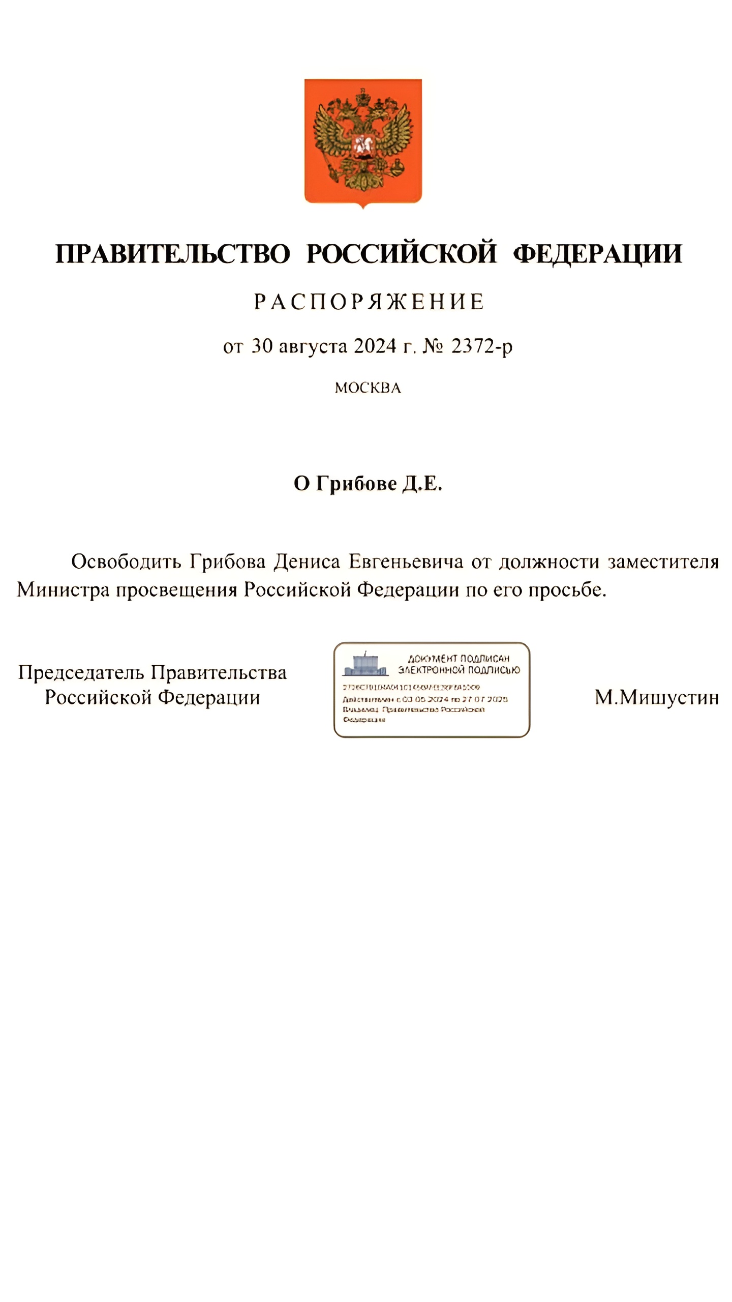 Денис Грибов освобожден от должности замминистра просвещения РФ