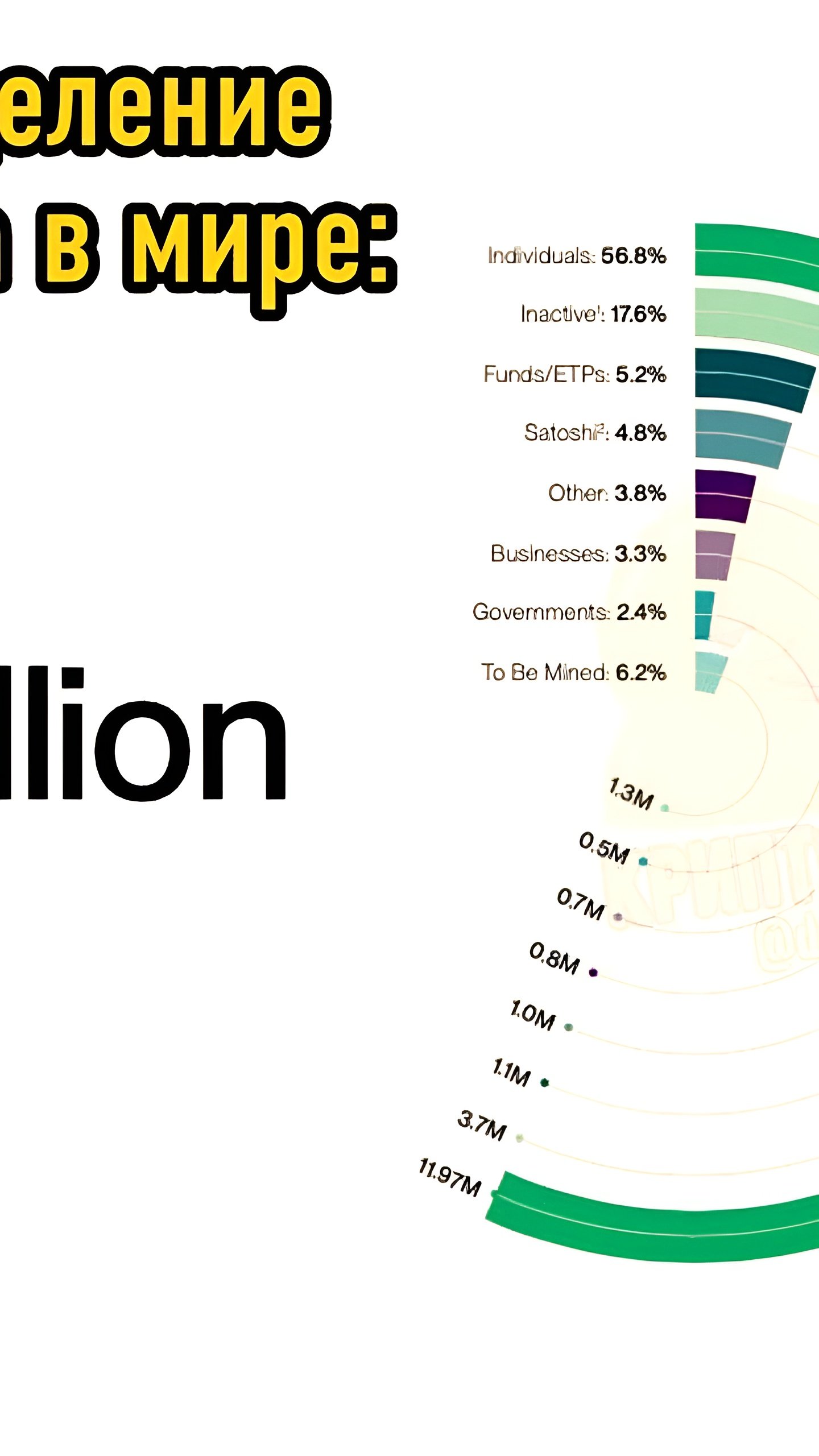 Анализ распределения биткоинов: 11,97 млн принадлежат гражданским, 0,5 млн — правительствам