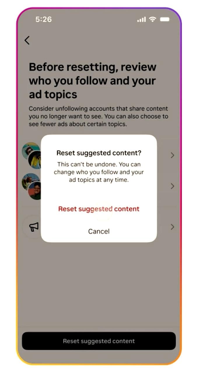 Instagram тестирует новую функцию сброса рекомендаций контента