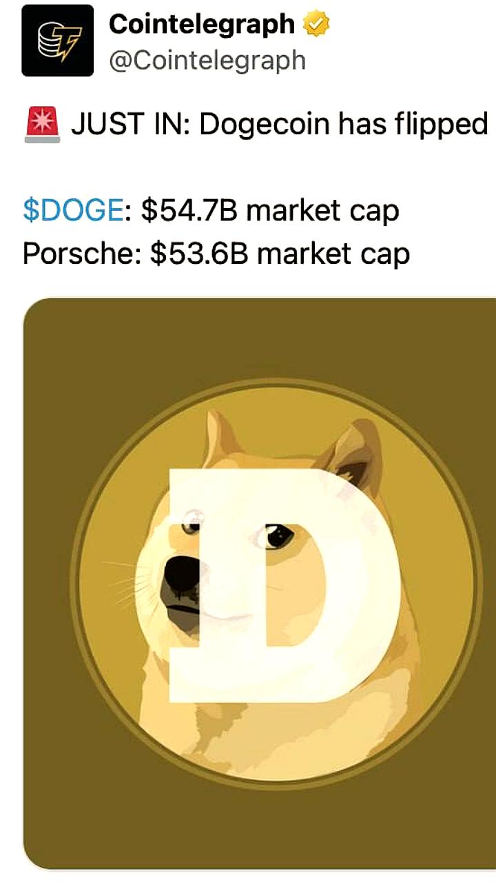 Dogecoin обогнал Porsche по капитализации на криптовалютном рынке