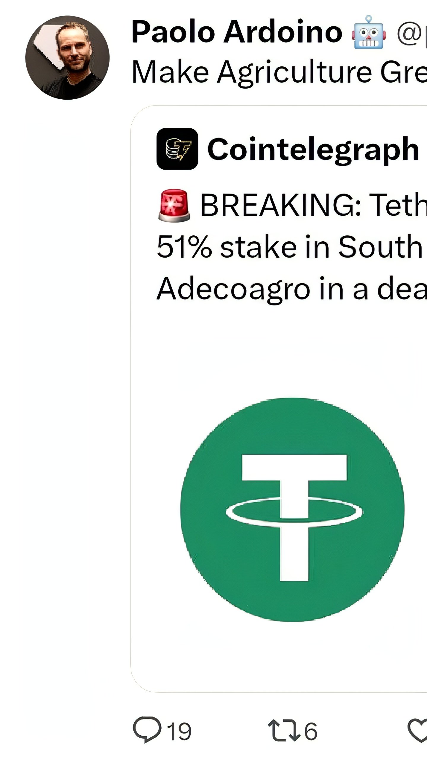 Tether намерен приобрести контрольный пакет акций Adecoagro