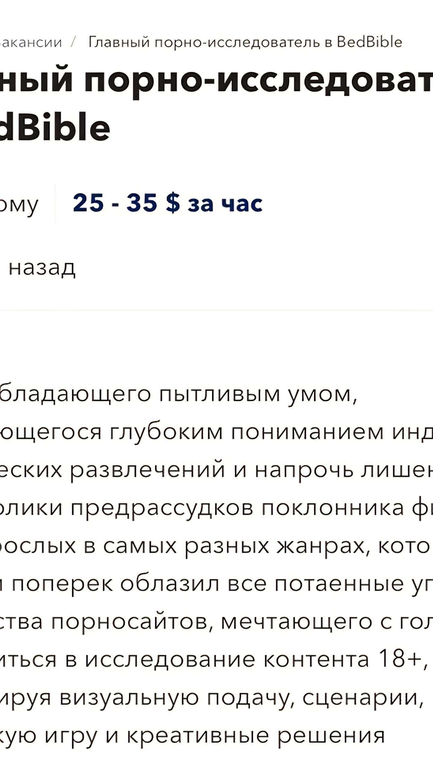 Американская компания BedBible ищет аналитика порно с зарплатой 380 тысяч рублей в месяц
