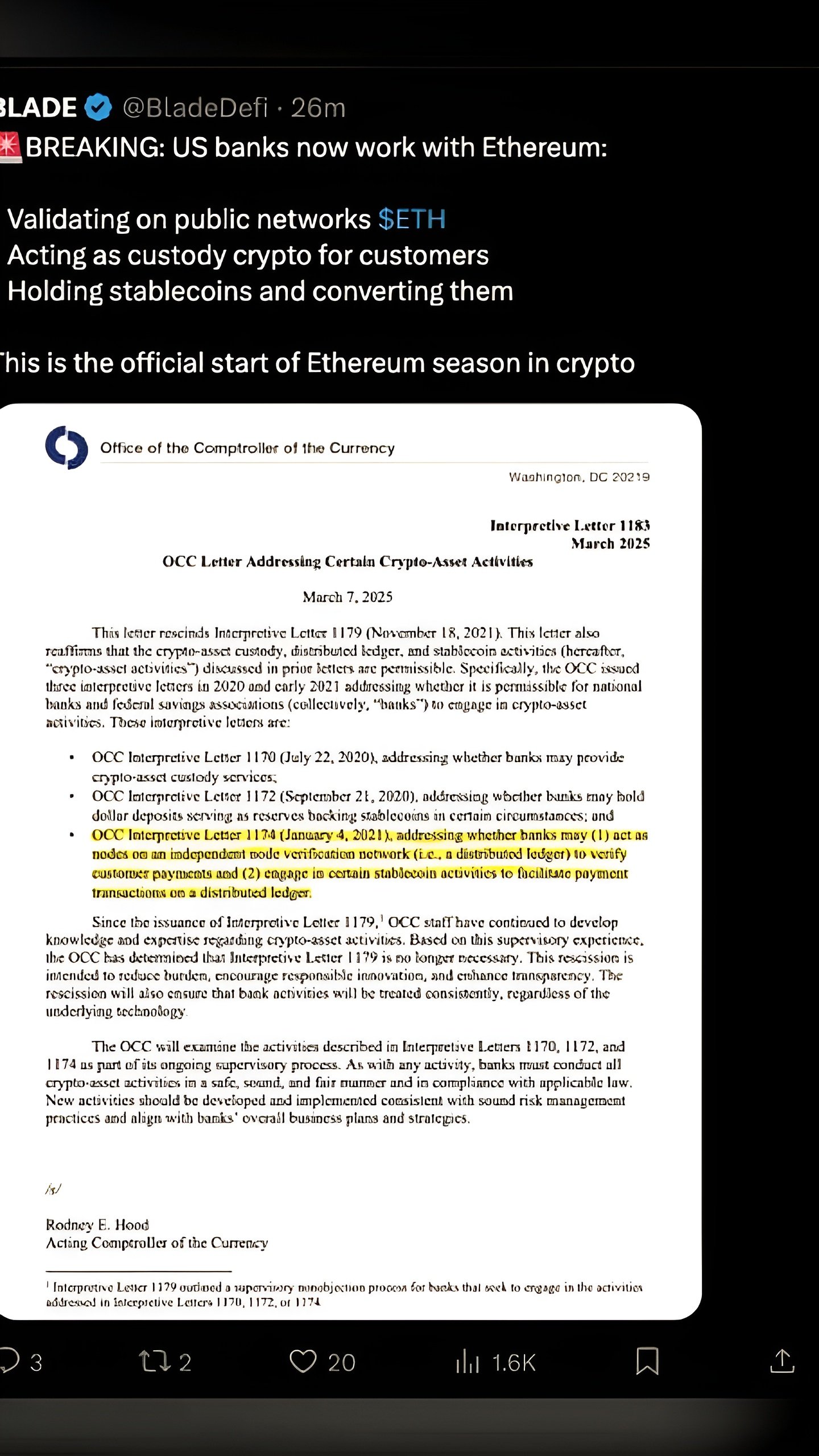 Американские банки получили разрешение на участие в валидации Ethereum