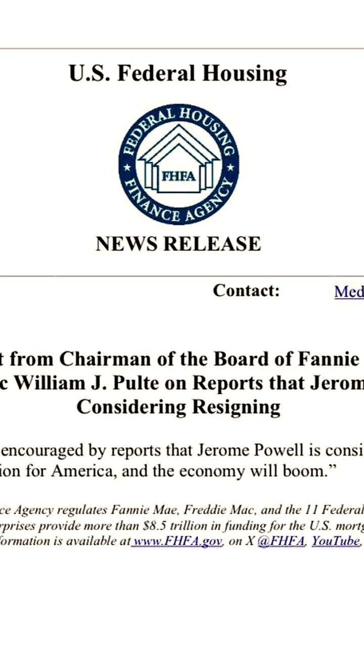 Председатель FHFA о возможной отставке Джерома Пауэлла и перспективах экономики США