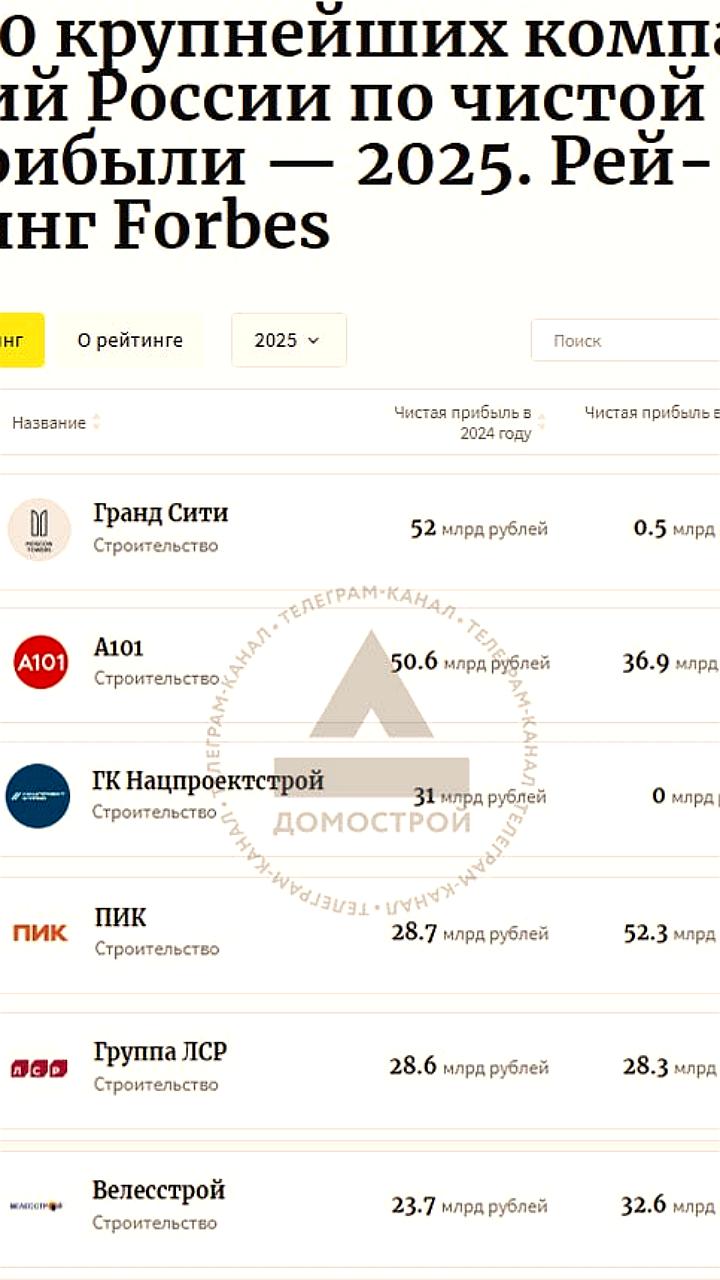 Гранд Сити занимает 41 место в рейтинге Forbes с чистой прибылью 52 млрд рублей