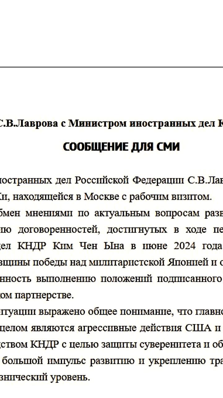 Глава МИД КНДР подтвердила поддержку России на переговорах с Лавровым