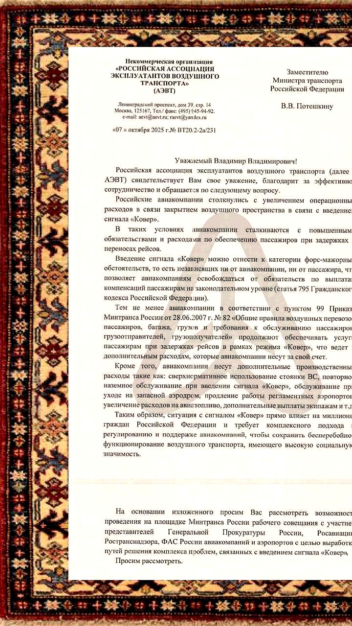 Авиакомпании России требуют поддержки из-за убытков от режима "Ковёр"