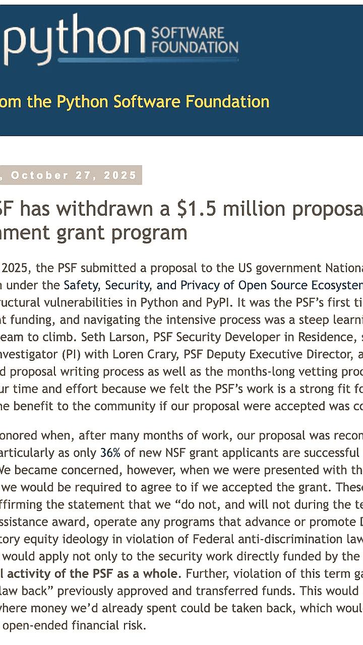 Python Software Foundation отклонила грант на $1.5 млн из-за условий противоречащих ценностям DEI