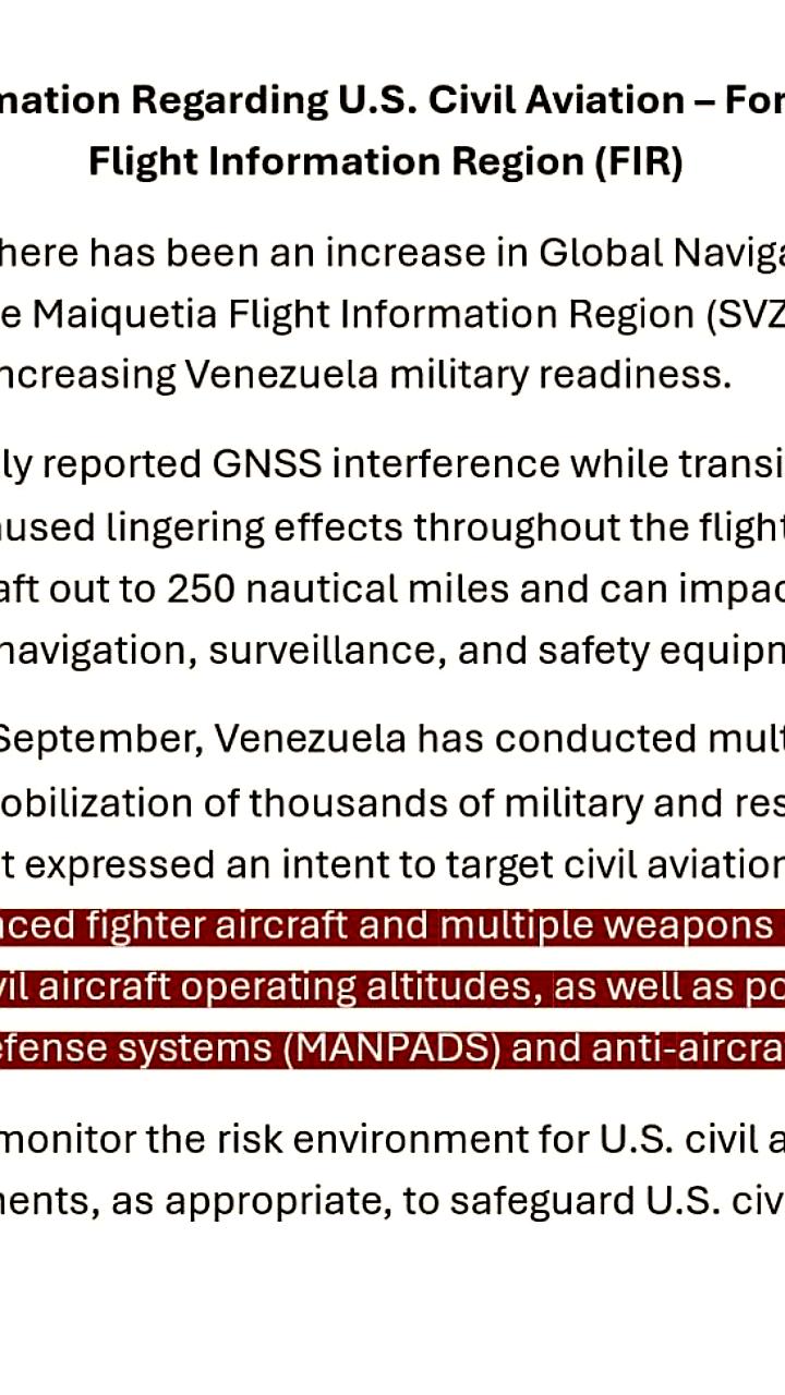 США предостерегают авиакомпании о рисках полетов над Венесуэлой