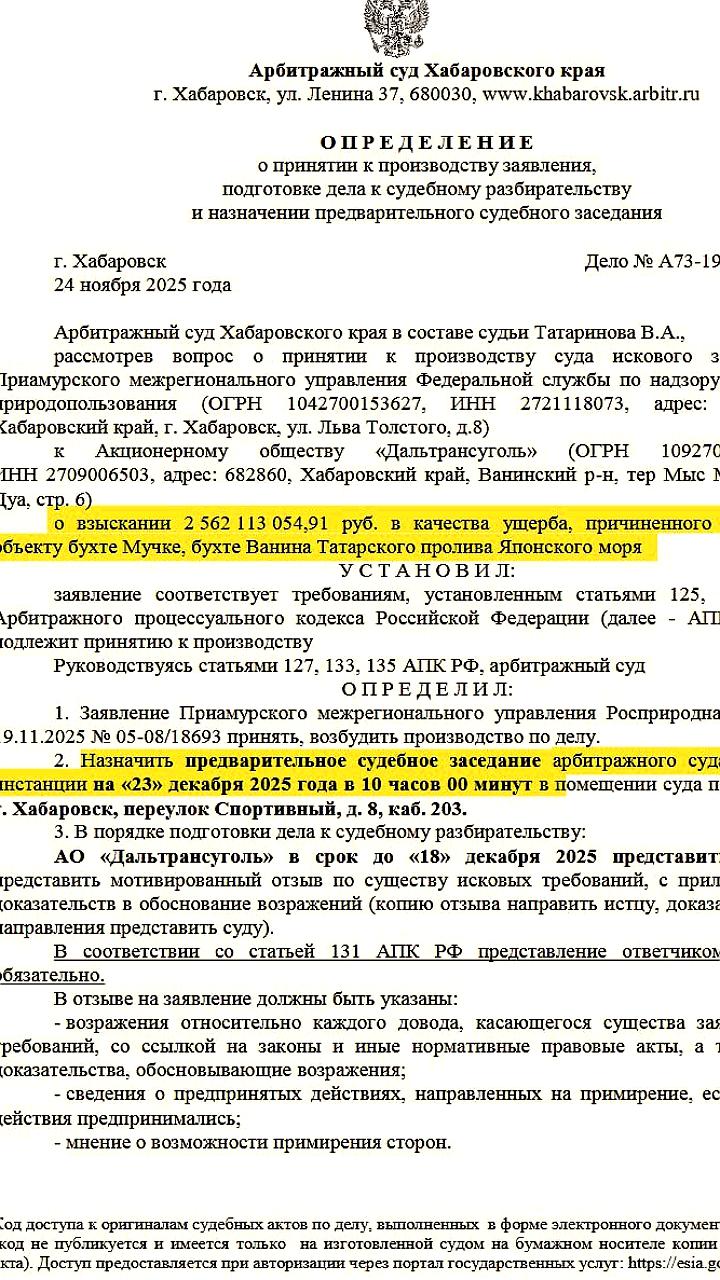 Дальтрансуголь оспорит иск Росприроднадзора на 2,6 млрд рублей